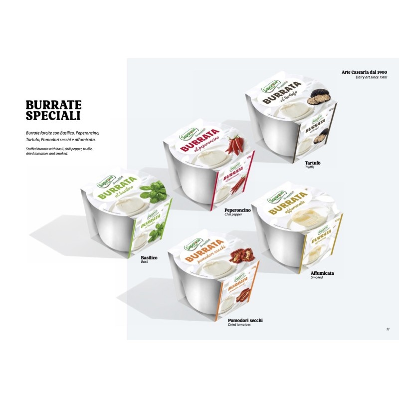 Cinq pots de burratine spéciales : basilic, piment, truffe, fumée et tomates séchées