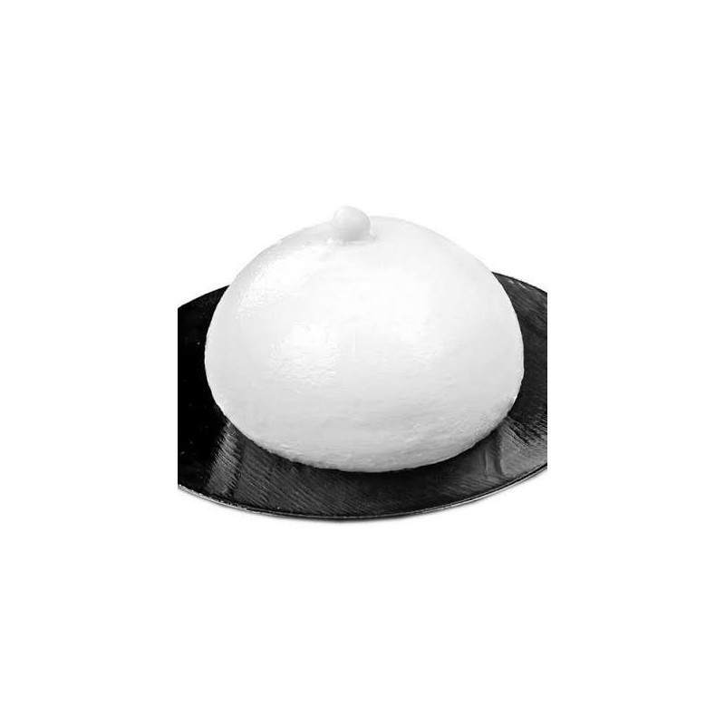 Zizzona di bufala, grosse mozzarella blanche et ronde avec un petit téton au sommet, posée sur un plat sombre