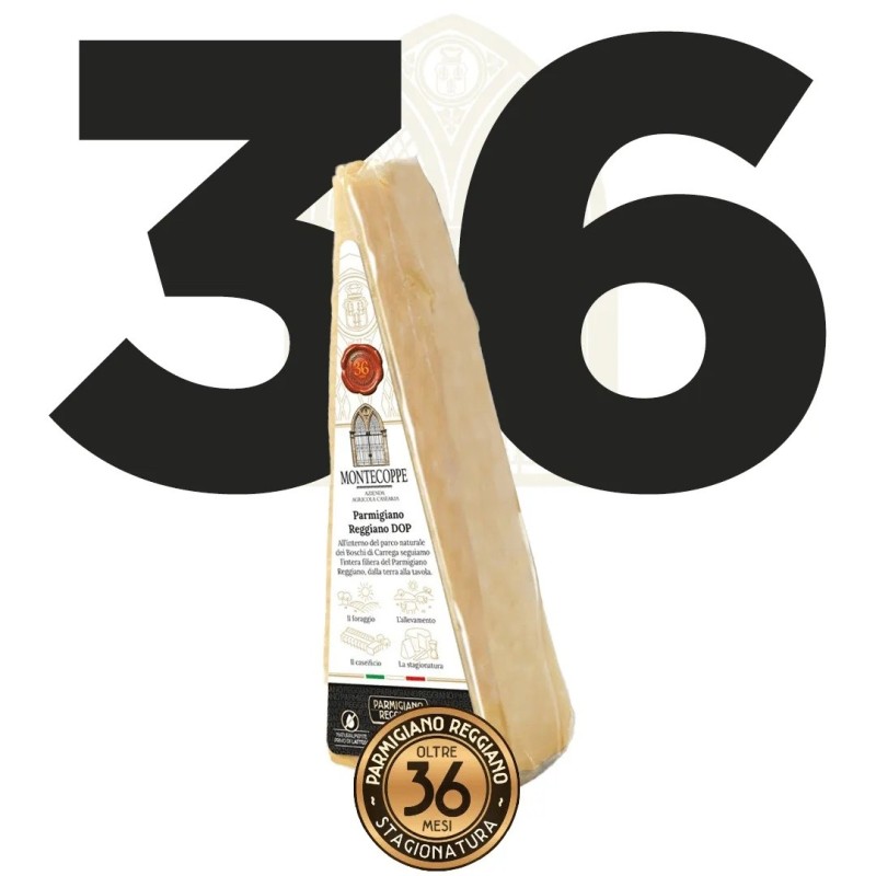 Morceau de 300 g de Parmigiano Reggiano 36 mois emballé sous vide, avec l'étiquette du producteur et le macaron 36 mois