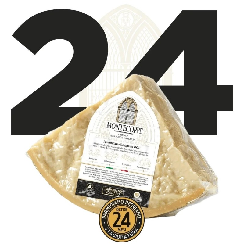 Huitième de meule de Parmigiano Reggiano 24 mois emballé sous vide, avec l'étiquette du producteur